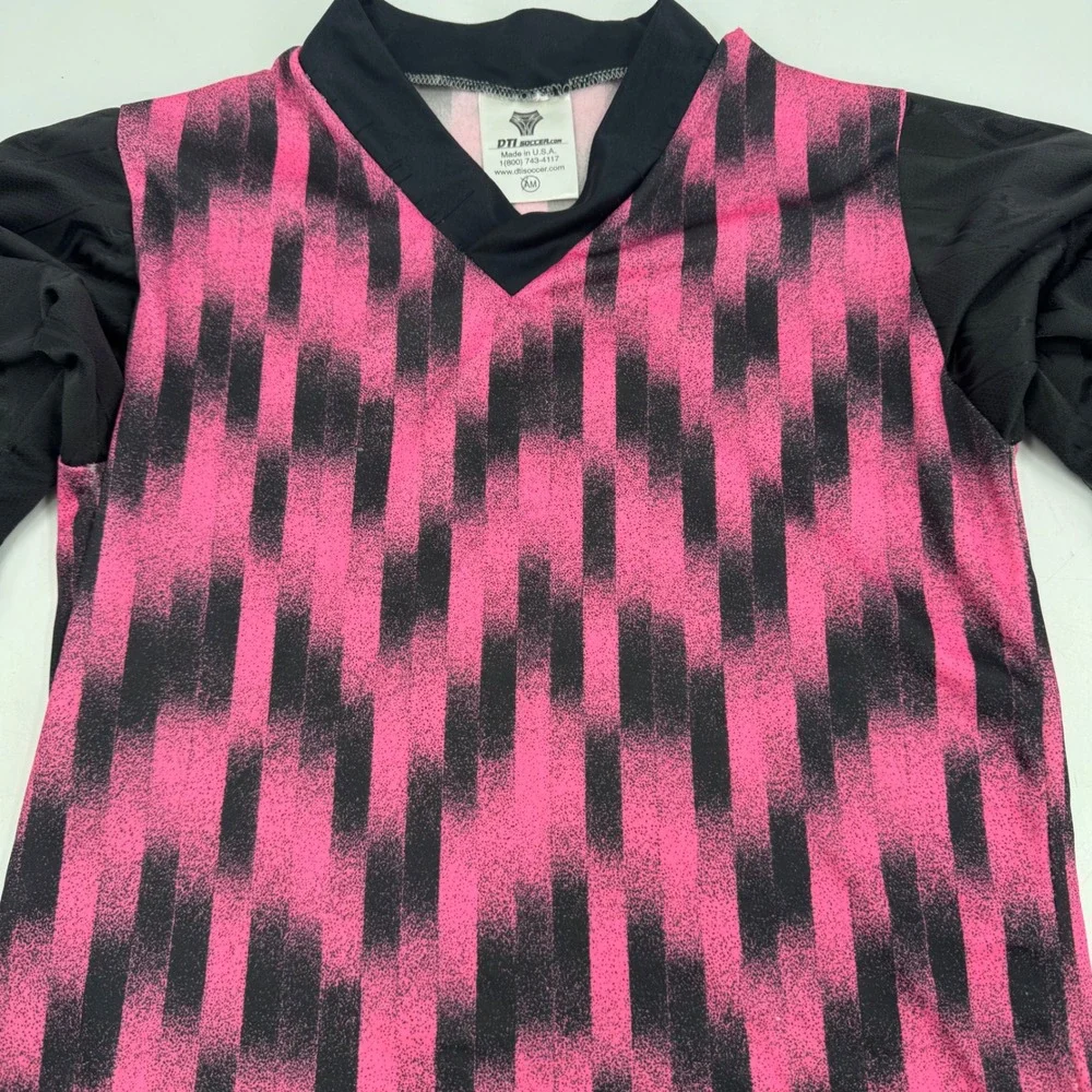 DTI‎ Soccer Jersey Kids AM Pink Black Geometric Long Sleeve V Neck Made USA